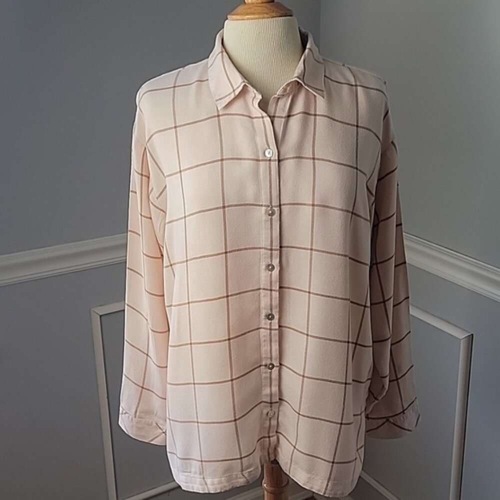 J.JILL Peach Brown Windowpane Relaxed Fit Cottage Boho Flannel Button Down Top M